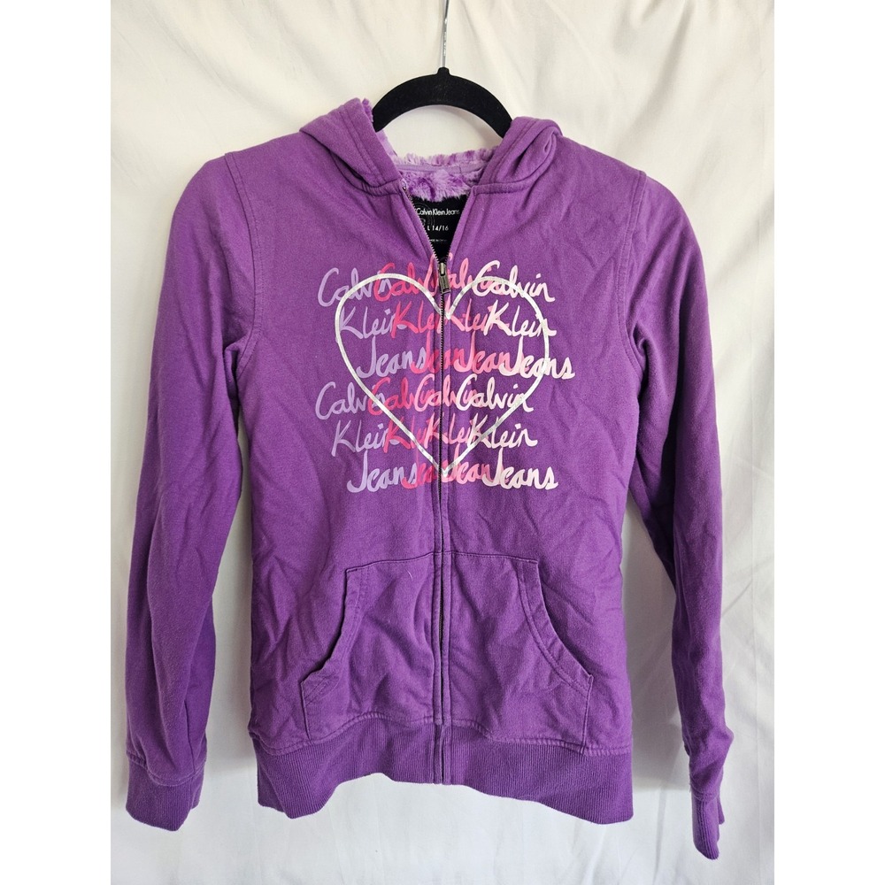Calvin Klein Jeans Girls L 14 16 Purple Faux Fur Lined Zip Hoodie Heart